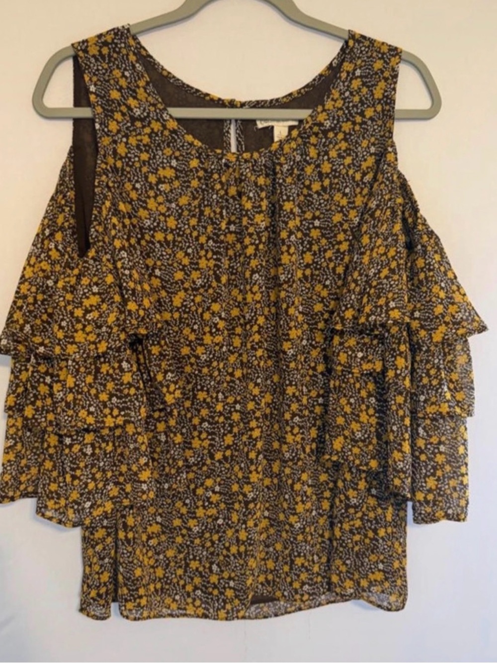 Cato Mustard and Black Floral Cold-Shoulder Blouse